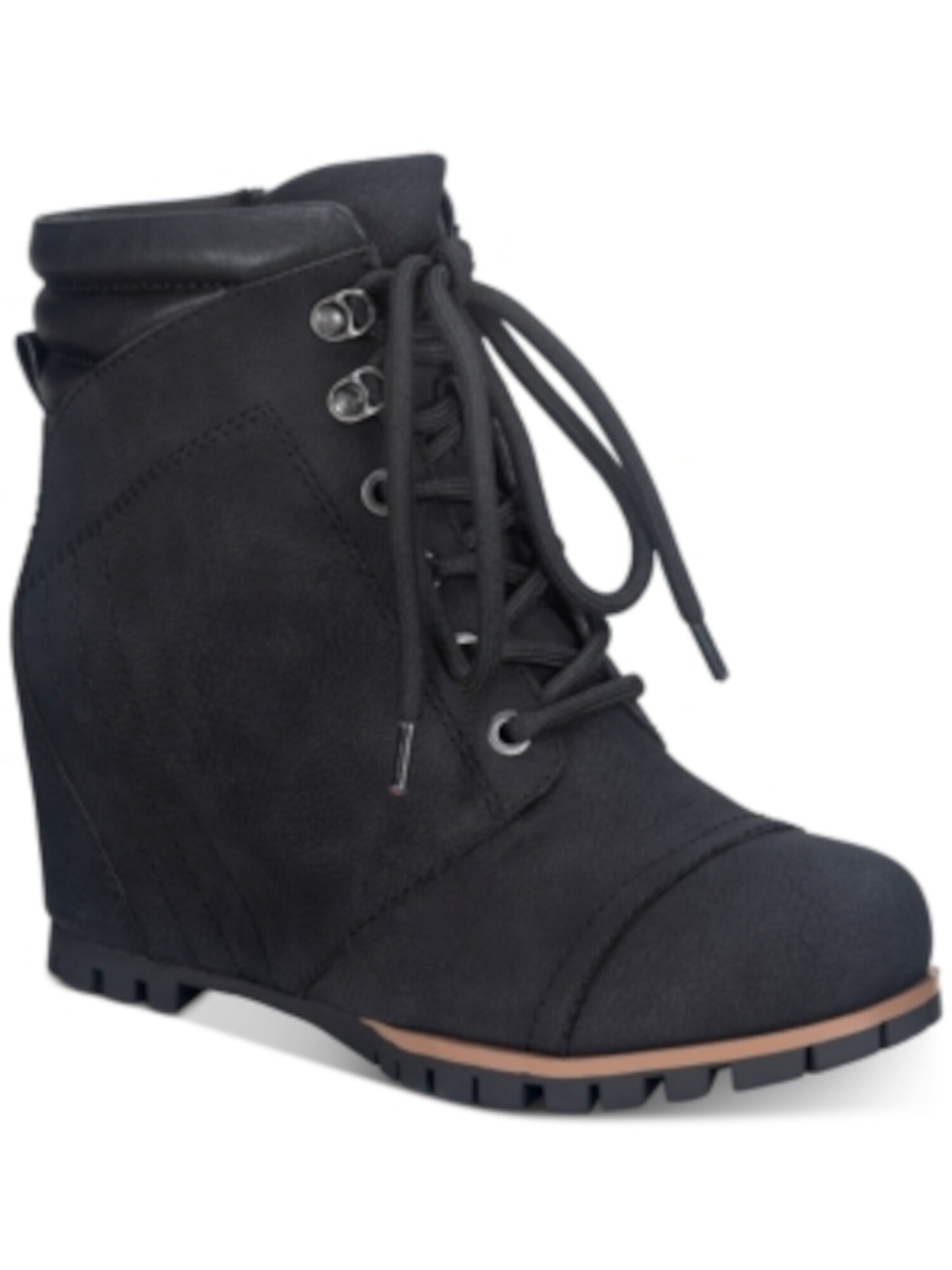 Botas femininas Sun Stone com cadarço, bico redondo, salto alto, com zíper lateral, amortecimento, Lizzie, pretas, tamanho 6 M