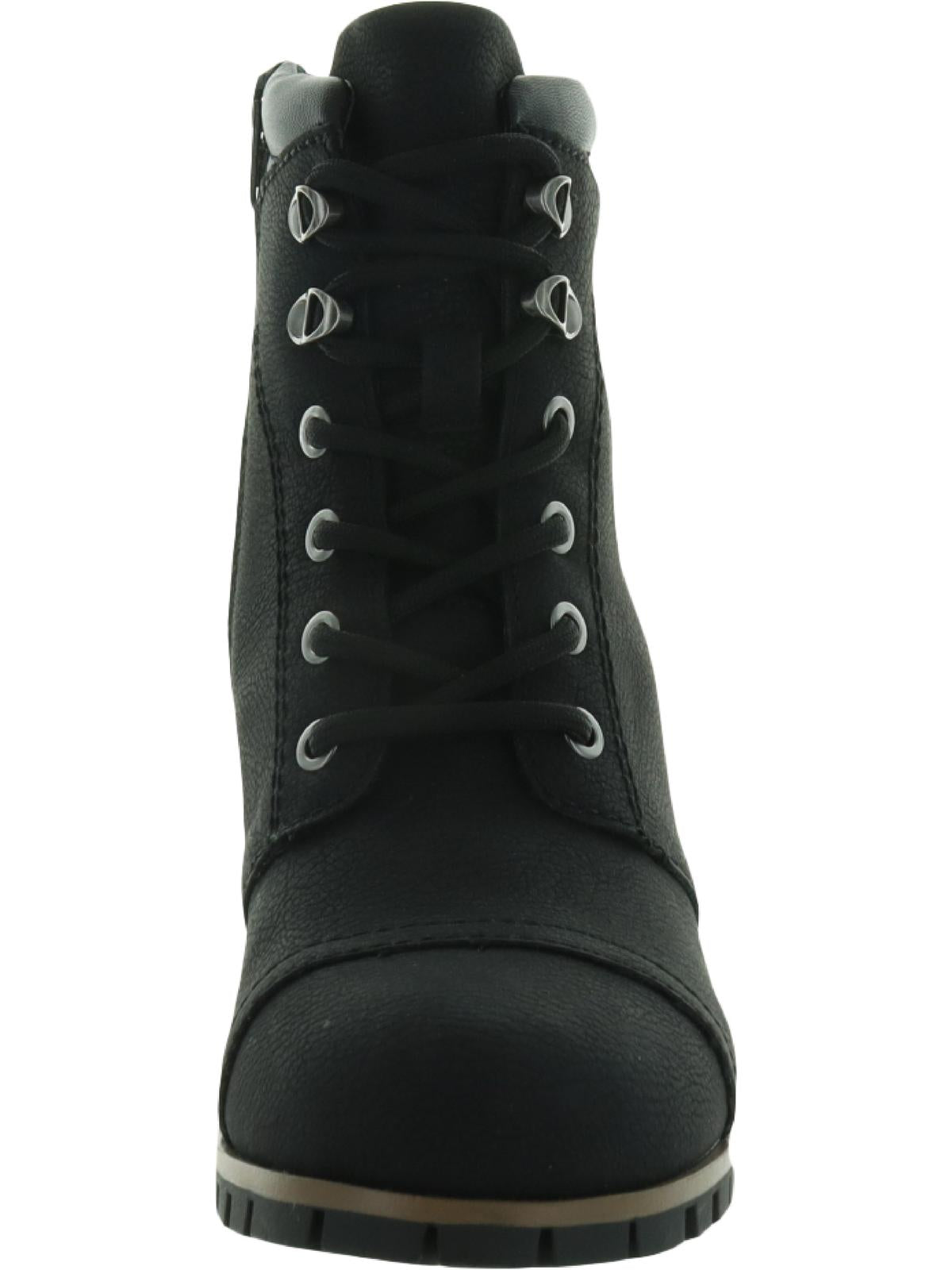 Botas femininas Sun Stone com cadarço, bico redondo, salto alto, com zíper lateral, amortecimento, Lizzie, pretas, tamanho 6 M