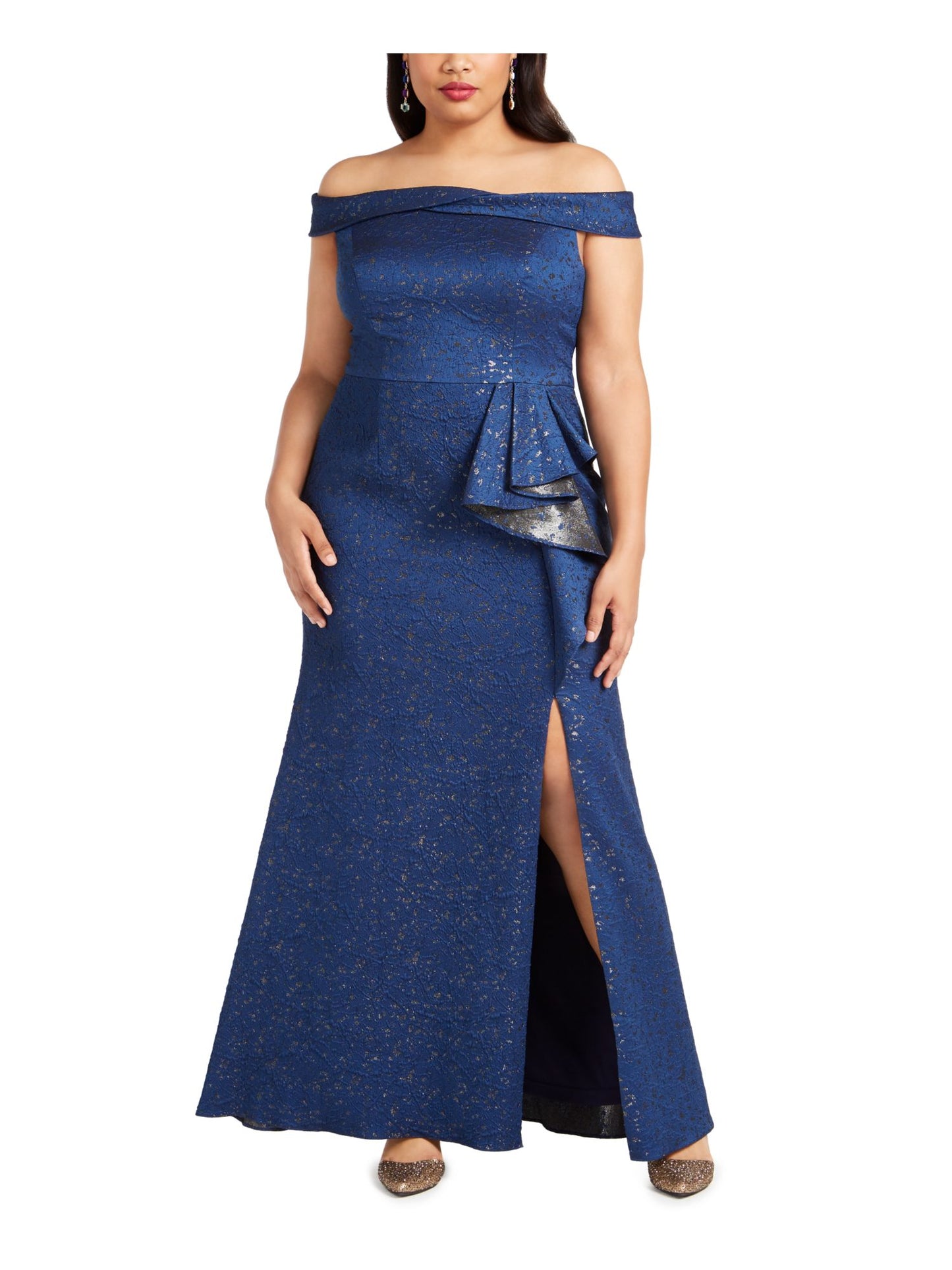 Vestido de festa feminino Adrianna Papell Plus, metálico, ombro à mostra, azul-marinho claro, tamanho 22