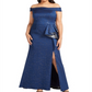 Vestido de festa feminino Adrianna Papell Plus, metálico, ombro à mostra, azul-marinho claro, tamanho 22