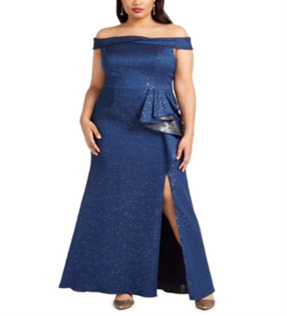 Vestido de festa feminino Adrianna Papell Plus, metálico, ombro à mostra, azul-marinho claro, tamanho 22