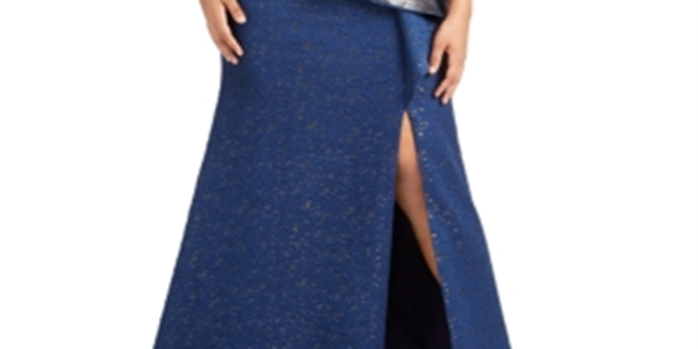 Vestido de festa feminino Adrianna Papell Plus, metálico, ombro à mostra, azul-marinho claro, tamanho 22