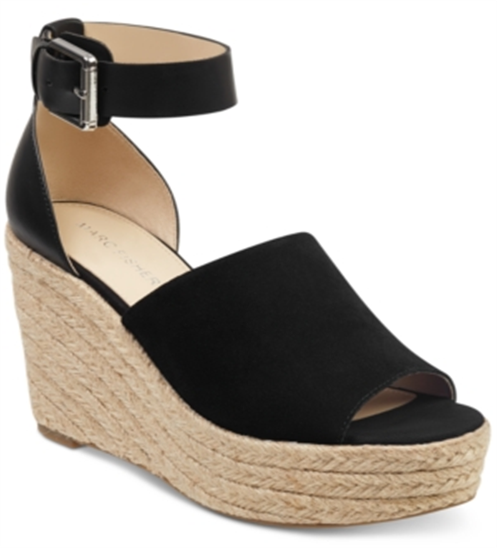 Marc Fisher Cala Leather Peep Toe Ankle Strap Wedge Scarpins Femininos Preto Tamanho 9M