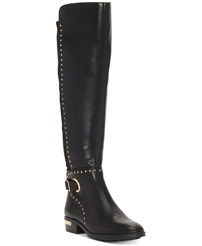 Botas femininas Material Girl Bravy de camurça sintética, cano alto acima do joelho, pretas, tamanho 6 M
