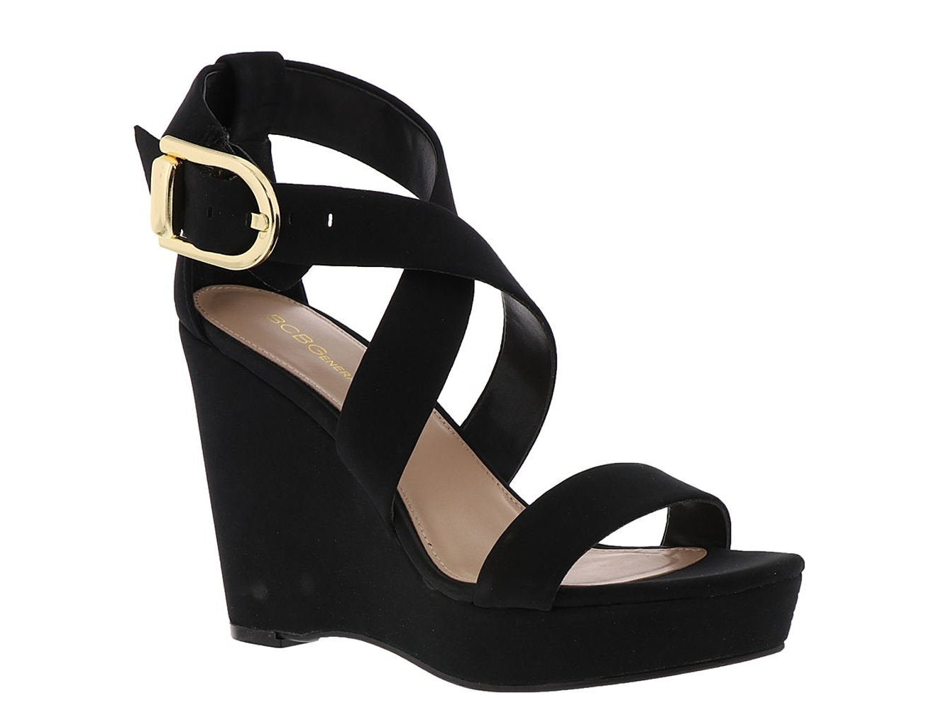 Sandálias plataforma casuais BCBGeneration femininas Jae Fabric Open Toe, pretas, tamanho 9,5M