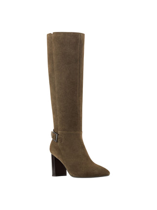 Botas de salto alto de couro Bandolino, femininas, com salto de metal verde, fivela com acento acolchoado, biqueira amendoada Bilya, salto bloco com zíper, 8,5 m