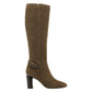 Botas de salto alto de couro Bandolino, femininas, com salto de metal verde, fivela com acento acolchoado, biqueira amendoada Bilya, salto bloco com zíper, 8,5 m
