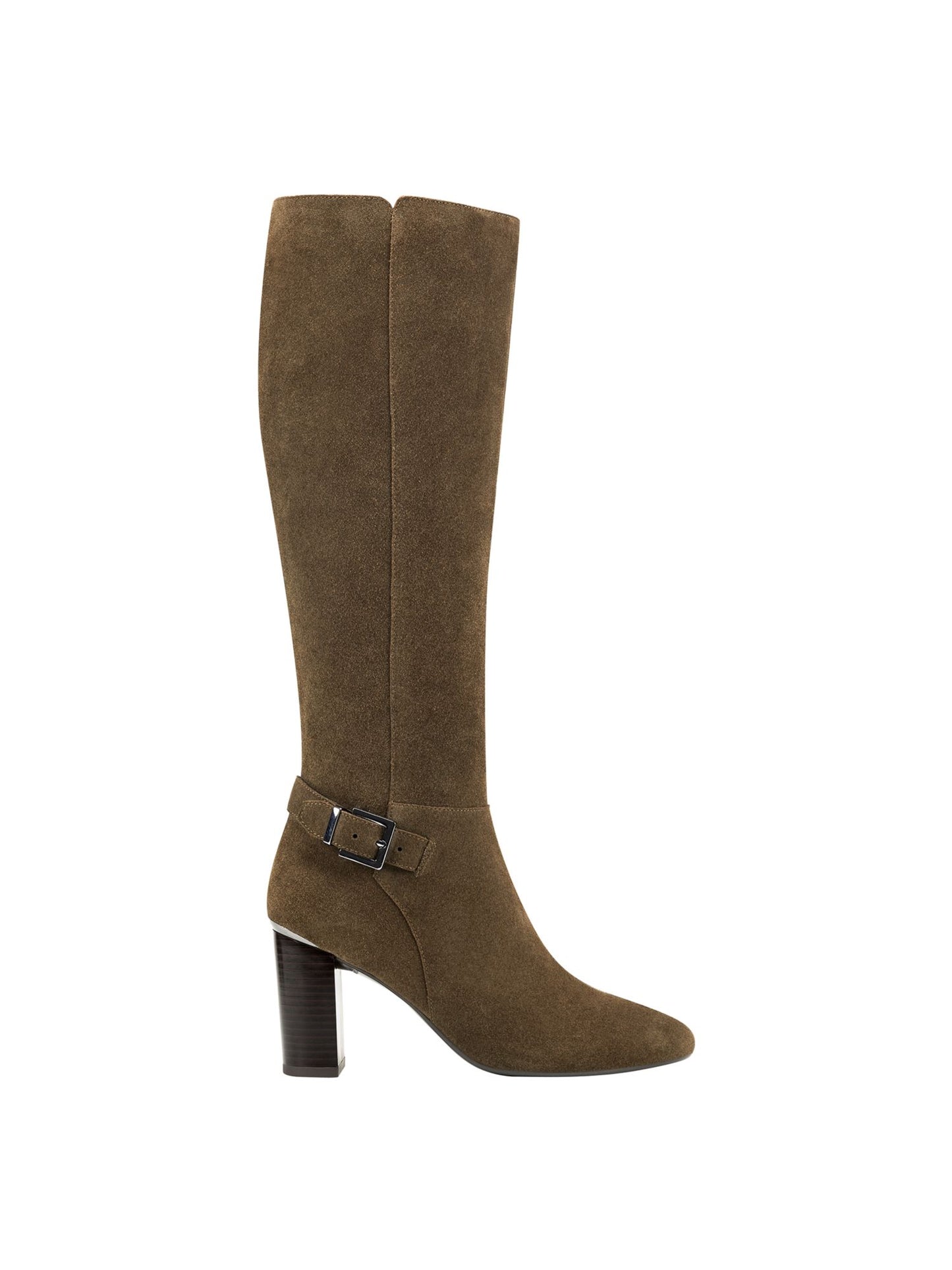 Botas de salto alto de couro Bandolino, femininas, com salto de metal verde, fivela com acento acolchoado, biqueira amendoada Bilya, salto bloco com zíper, 8,5 m