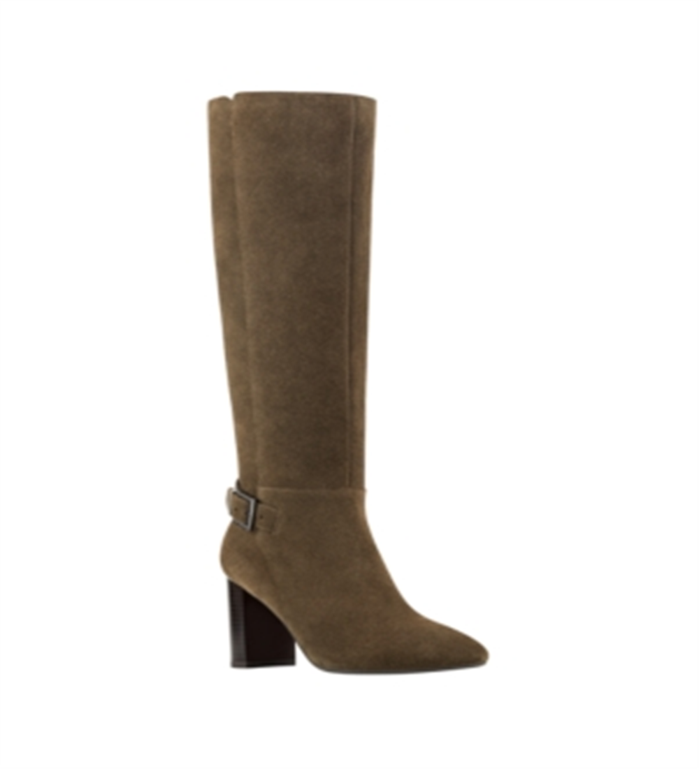 Botas de salto alto de couro Bandolino, femininas, com salto de metal verde, fivela com acento acolchoado, biqueira amendoada Bilya, salto bloco com zíper, 8,5 m