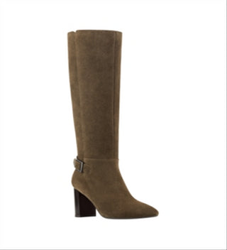 Bandolino Womens Green Metal Heel Accent Buckle Accent Cushioned Bilya Almond Toe Block Heel Zip-up Leather Heeled Boots 8.5 M