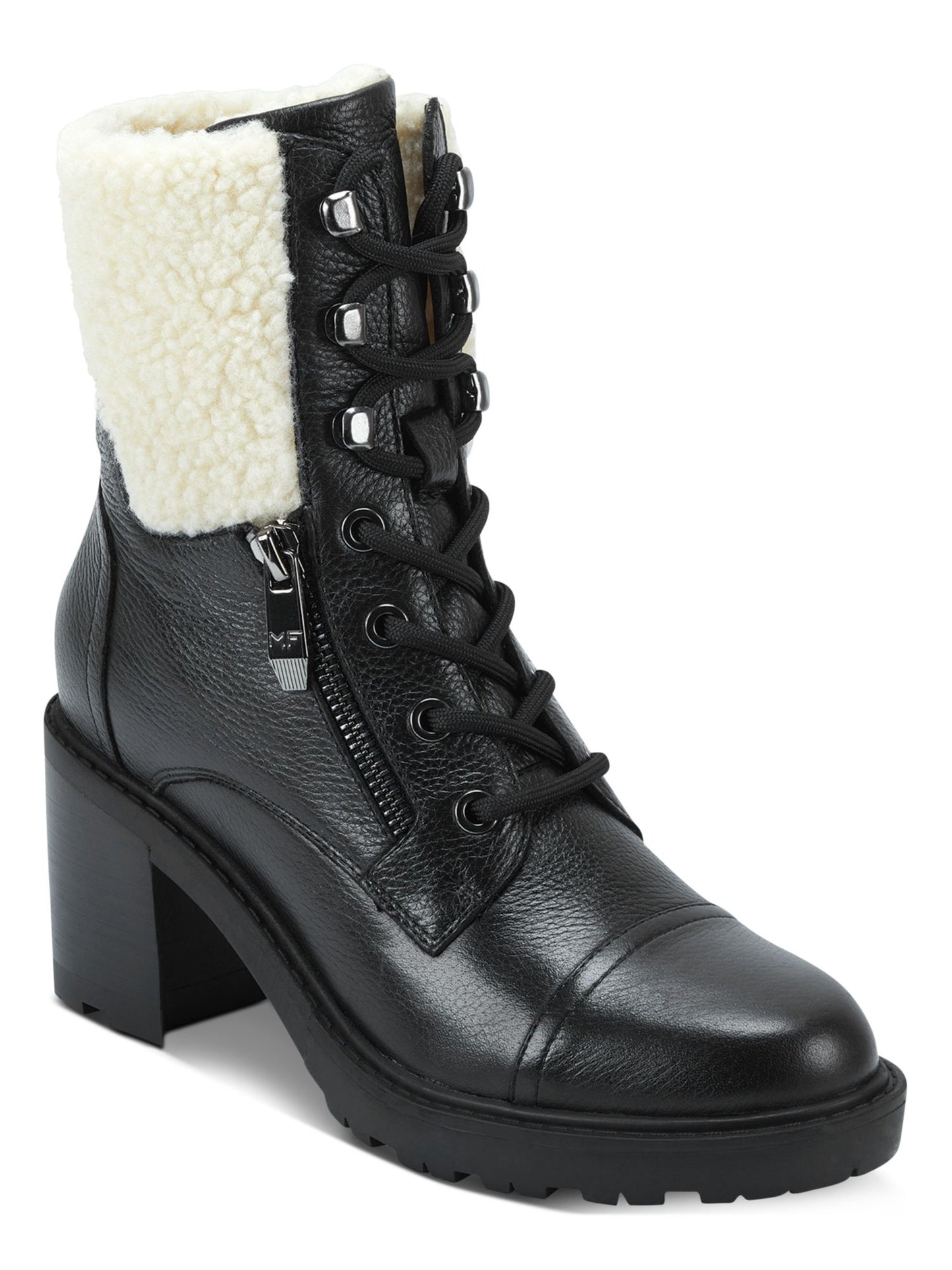 Botas Marc Fisher Femininas com Zíper Acolchoado e Cadarço, Biqueira Aberta, Sola de Couro, Acabamento em Pele, Lansly, Biqueira Redonda, Salto Bloco, Zíper, Pretas, Tamanho 9,5M