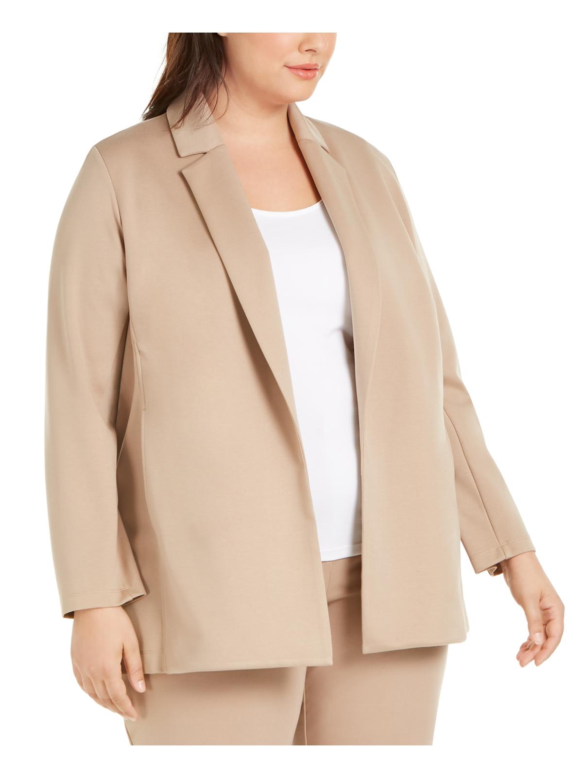 Jaqueta feminina Eileen Fisher com bolsos, gola entalhada, abertura nas costas, manga comprida, bege, tamanho 2X