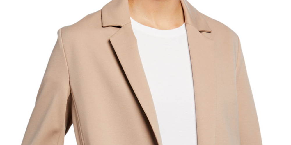 Jaqueta feminina Eileen Fisher com bolsos, gola entalhada, abertura nas costas, manga comprida, bege, tamanho 2X