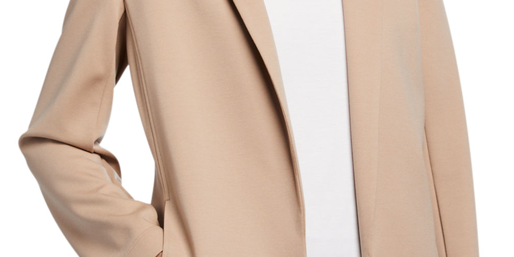 Jaqueta feminina Eileen Fisher com bolsos, gola entalhada, abertura nas costas, manga comprida, bege, tamanho 2X