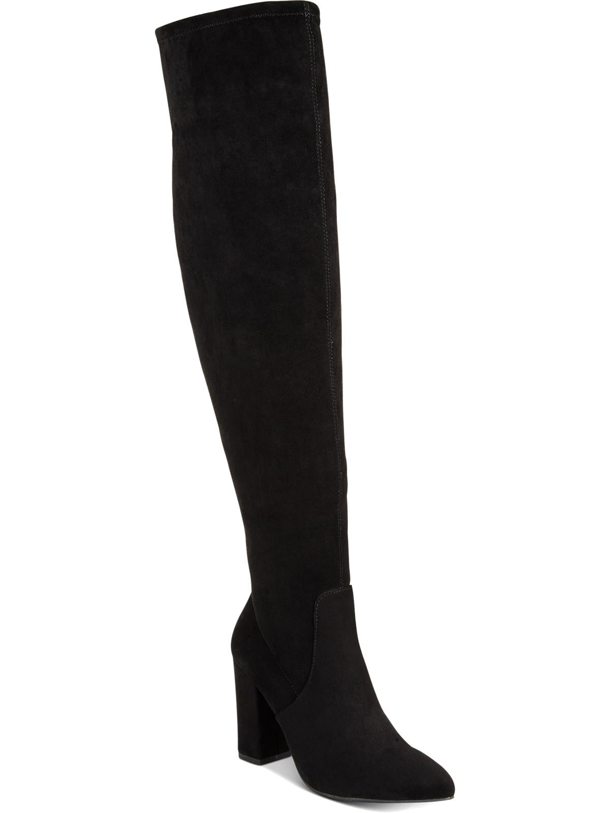 Botas femininas Material Girl Bravy de camurça sintética, cano alto acima do joelho, pretas, tamanho 5 M