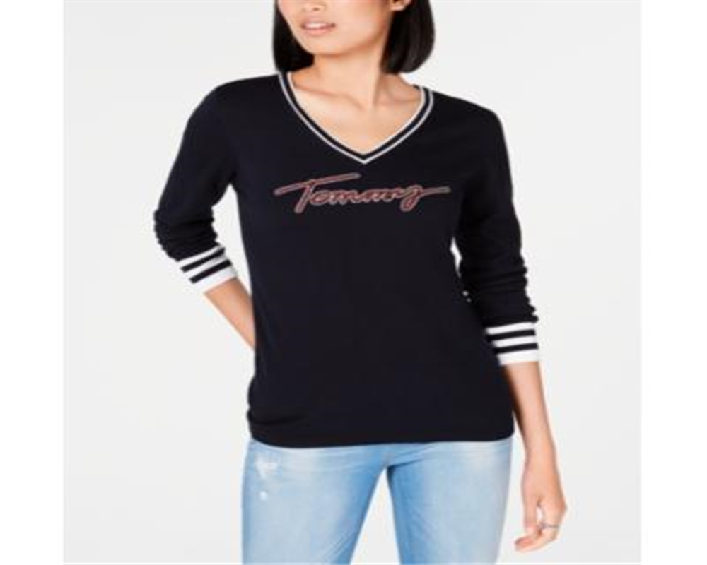 Tommy Hilfiger Suéter Feminino com Logo Ivy e Gola V Sky Captain Multi Preto Tamanho GG