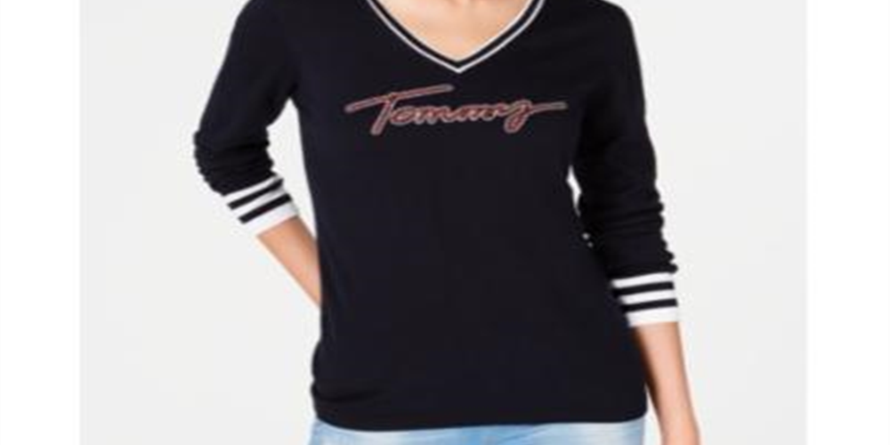 Tommy Hilfiger Suéter Feminino com Logo Ivy e Gola V Sky Captain Multi Preto Tamanho GG
