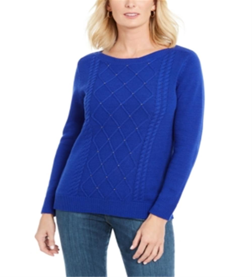 Karen Scott Suéter Feminino Tricô com Cordão e Contas Azul Brilhante Tamanho XS