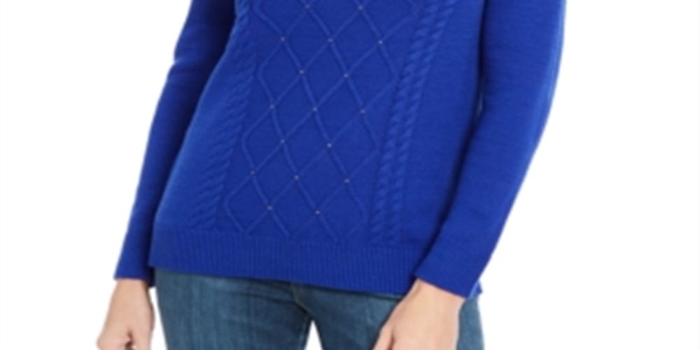Karen Scott Suéter Feminino Tricô com Cordão e Contas Azul Brilhante Tamanho XS