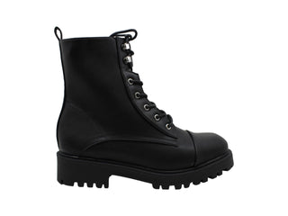 Botas de combate femininas XOXO Elmhurst de couro, bico redondo, pretas, tamanho 7,5