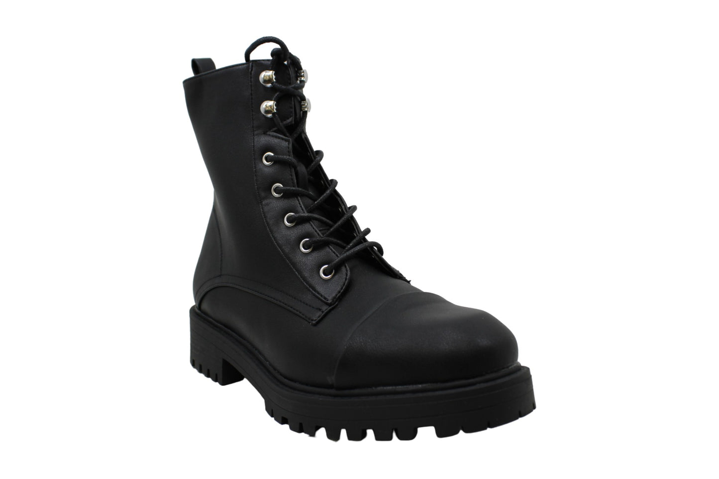 Botas de combate femininas XOXO Elmhurst de couro, bico redondo, pretas, tamanho 7,5