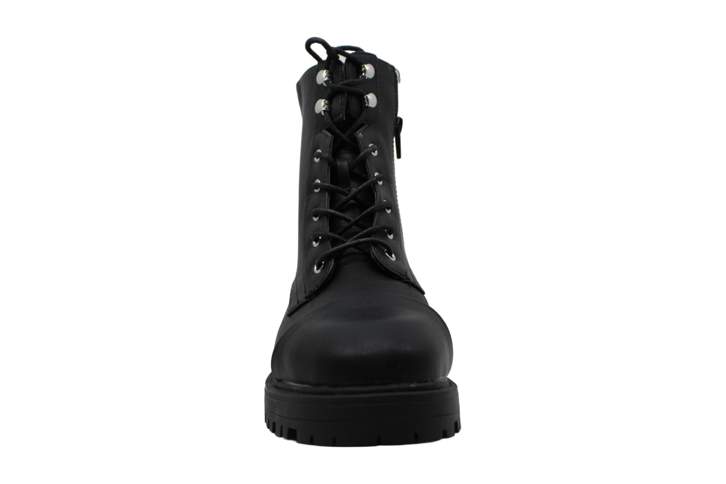 Botas de combate femininas XOXO Elmhurst de couro, bico redondo, pretas, tamanho 7,5