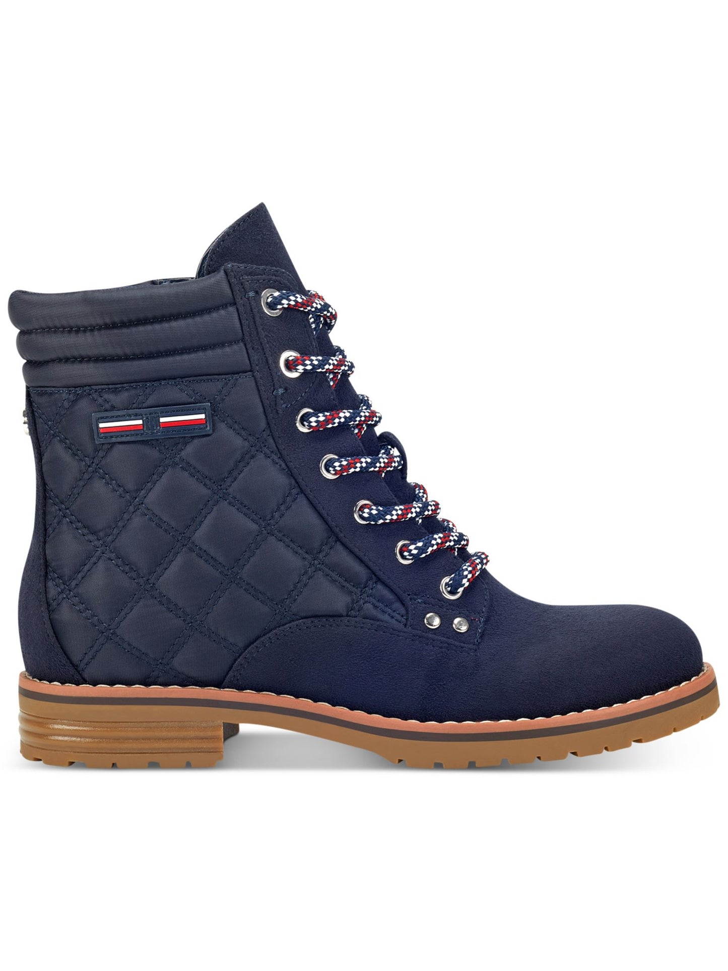 Tommy Hilfiger Botas femininas plataforma acolchoadas com zíper e detalhes Onella, bico redondo, salto bloco, cadarço, azul, tamanho 9 M