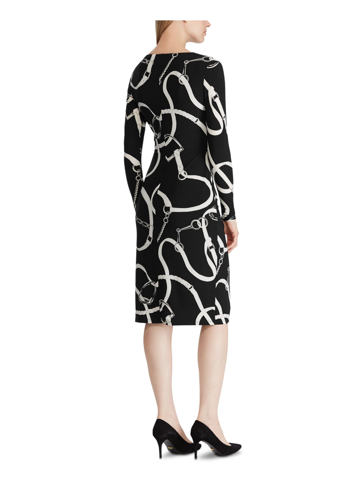 Vestido de festa feminino Lauren Ralph Lauren, estampado, manga comprida, decote em V, abaixo do joelho, preto, tamanho 4