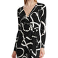 Vestido de festa feminino Lauren Ralph Lauren, estampado, manga comprida, decote em V, abaixo do joelho, preto, tamanho 4