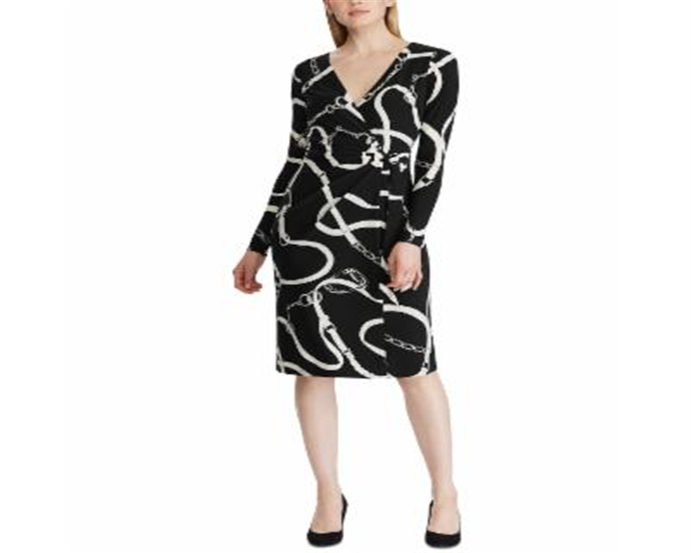 Vestido de festa feminino Lauren Ralph Lauren, estampado, manga comprida, decote em V, abaixo do joelho, preto, tamanho 4