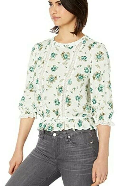 1.STATE Blusa feminina com estampa floral e renda embutida, marfim, vários tamanhos, pequena