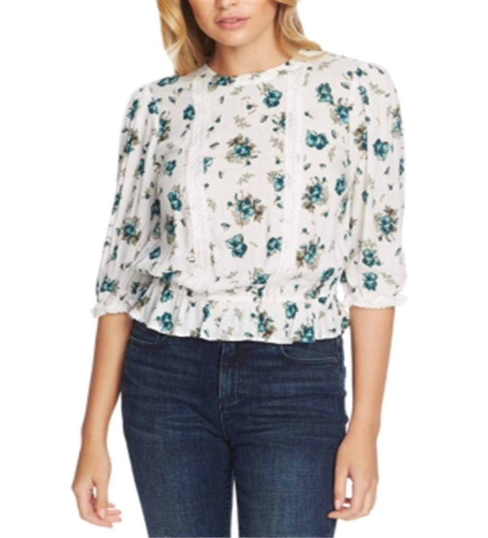 1.STATE Blusa feminina com estampa floral e renda embutida, marfim, vários tamanhos, pequena