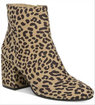 Botas femininas Bar III com estampa de leopardo, conforto, amortecimento, bico amendoado, salto bloco, zíper, marrom, tamanho 9,5 M