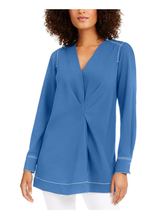 Blusa túnica feminina Alfani lisa, manga comprida, gola V, azul, tamanho GG