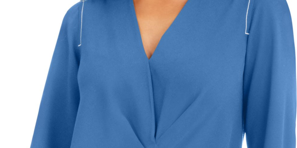 Blusa túnica feminina Alfani lisa, manga comprida, gola V, azul, tamanho GG