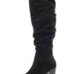Botas femininas Material Girl com detalhe em V, acolchoadas, confortáveis, com zíper e franzidas, salto bloco Myah, pretas, tamanho 6 M