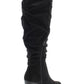 Botas femininas Material Girl com detalhe em V, acolchoadas, confortáveis, com zíper e franzidas, salto bloco Myah, pretas, tamanho 6 M