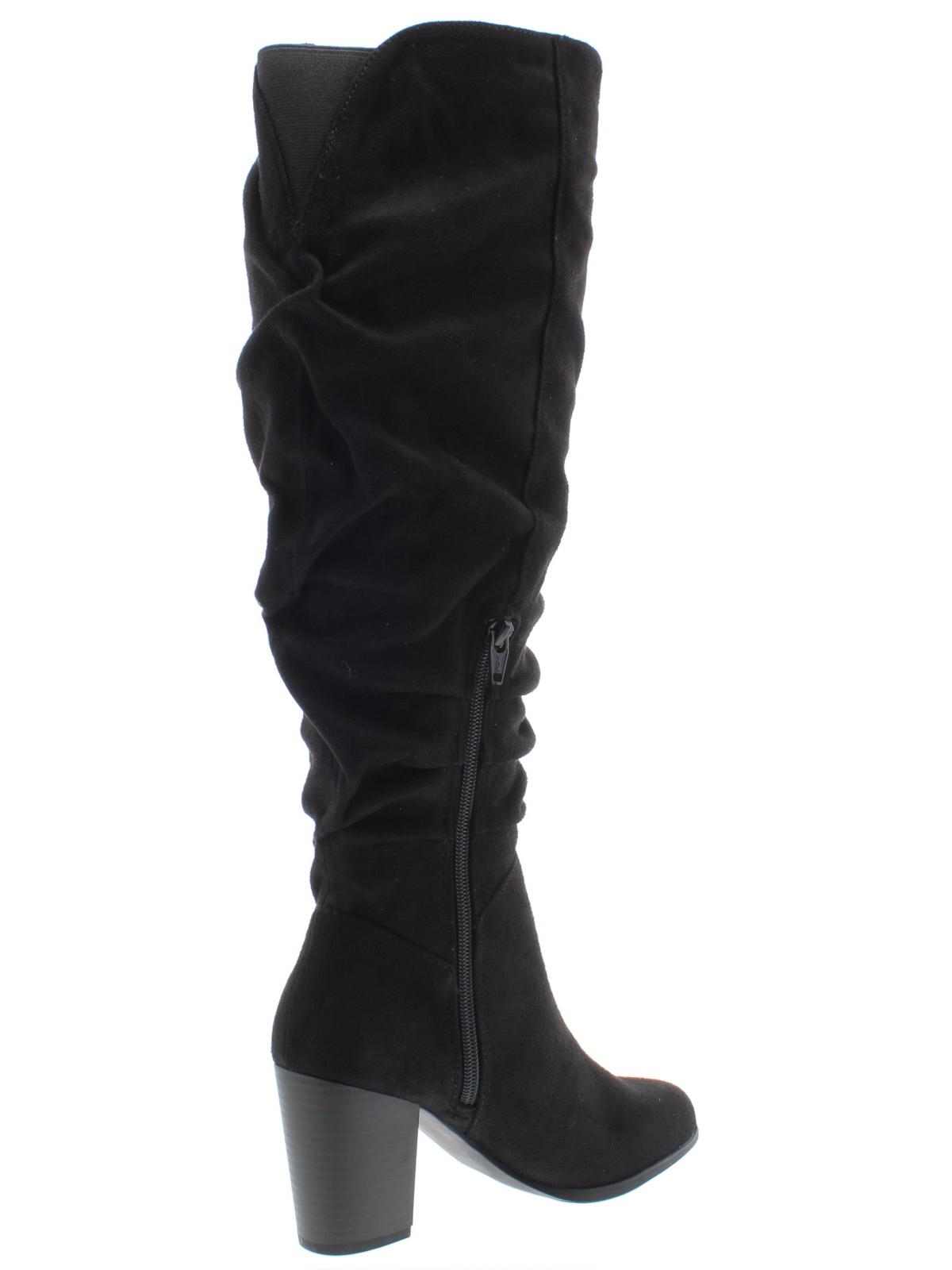 Botas femininas Material Girl com detalhe em V, acolchoadas, confortáveis, com zíper e franzidas, salto bloco Myah, pretas, tamanho 6 M