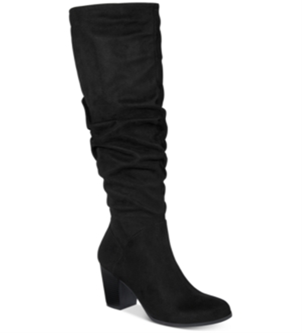 Botas femininas Material Girl com detalhe em V, acolchoadas, confortáveis, com zíper e franzidas, salto bloco Myah, pretas, tamanho 6 M