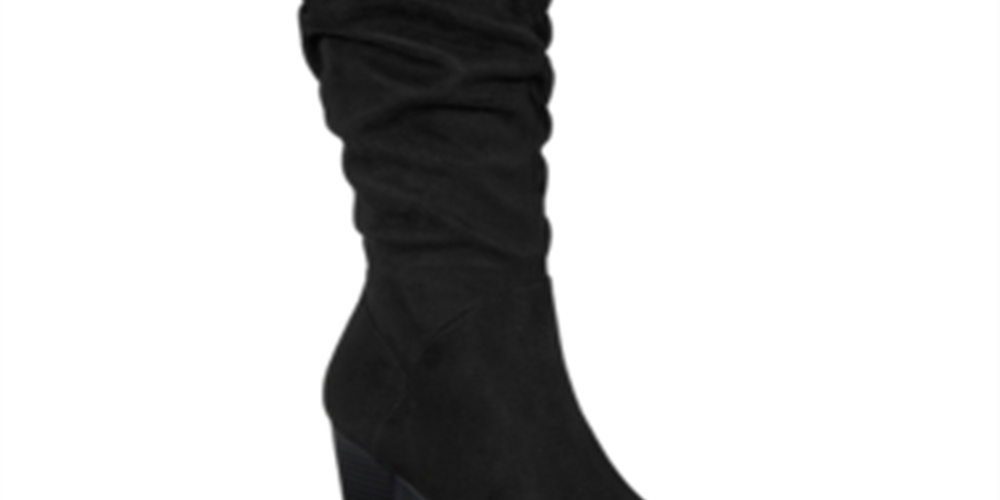 Botas femininas Material Girl com detalhe em V, acolchoadas, confortáveis, com zíper e franzidas, salto bloco Myah, pretas, tamanho 6 M