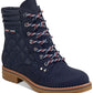 Tommy Hilfiger Botas femininas plataforma 0,5 com zíper acolchoado e bico redondo, salto bloco, com cadarço, azul, tamanho 5,5 M