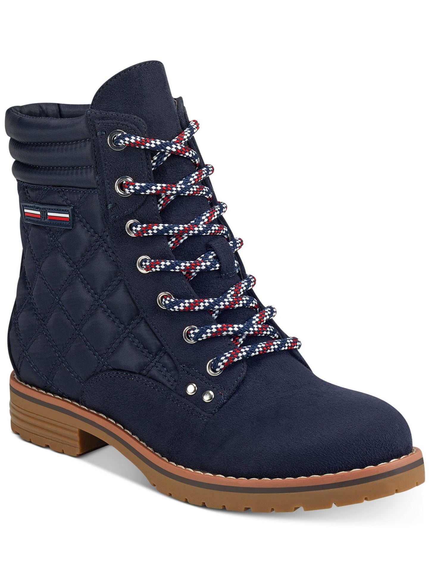 Tommy Hilfiger Botas femininas plataforma 0,5 com zíper acolchoado e bico redondo, salto bloco, com cadarço, azul, tamanho 5,5 M