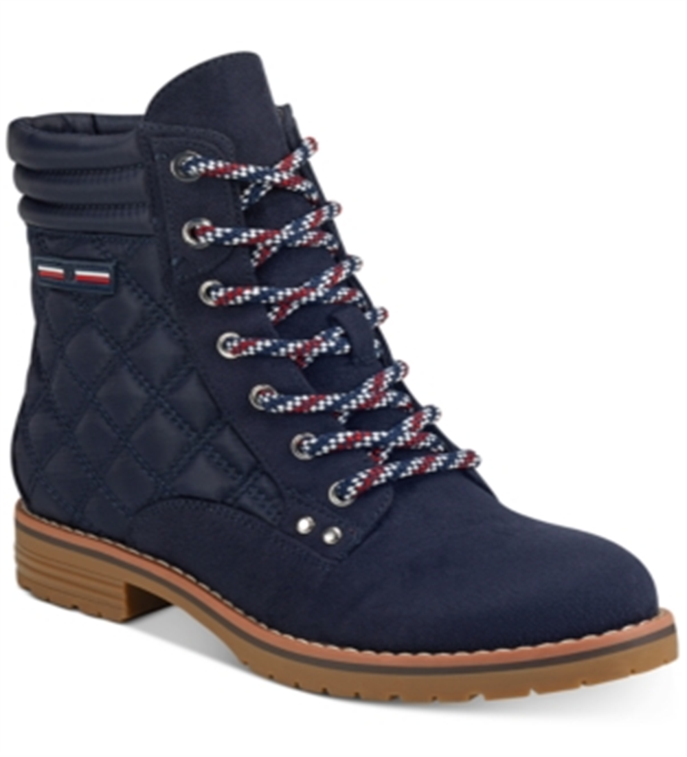 Tommy Hilfiger Botas femininas plataforma 0,5 com zíper acolchoado e bico redondo, salto bloco, com cadarço, azul, tamanho 5,5 M