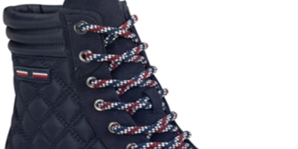 Tommy Hilfiger Botas femininas plataforma 0,5 com zíper acolchoado e bico redondo, salto bloco, com cadarço, azul, tamanho 5,5 M