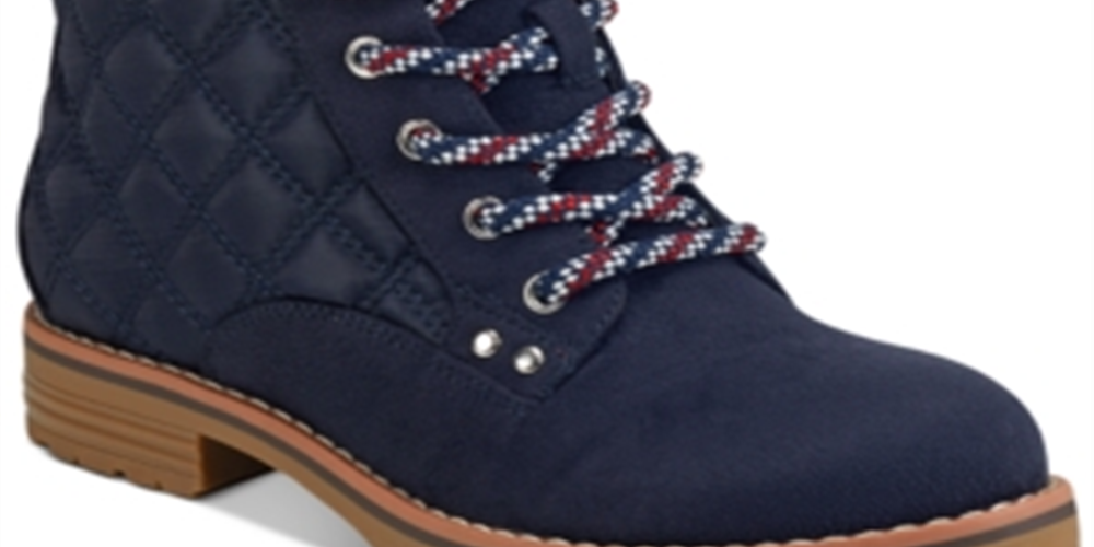 Tommy Hilfiger Botas femininas plataforma 0,5 com zíper acolchoado e bico redondo, salto bloco, com cadarço, azul, tamanho 5,5 M