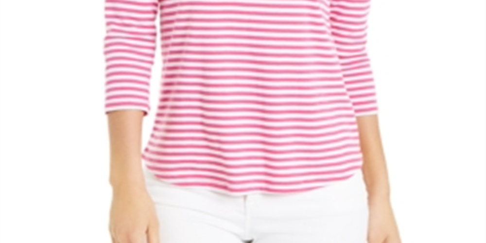 Camiseta feminina listrada de algodão Supima Charter Club, rosa, tamanho grande