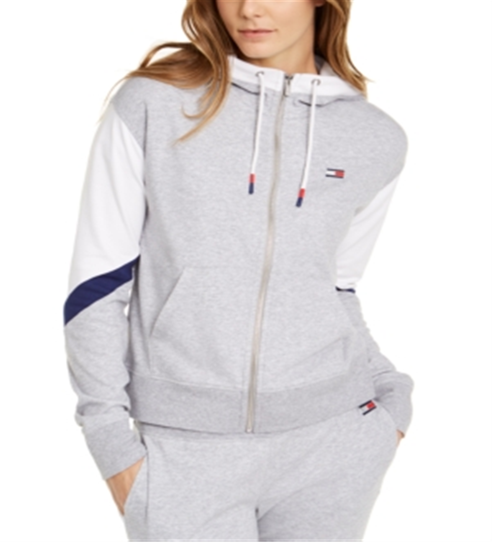 Tommy Hilfiger Blusa com capuz e zíper, manga comprida, colorida, tamanho P, feminina