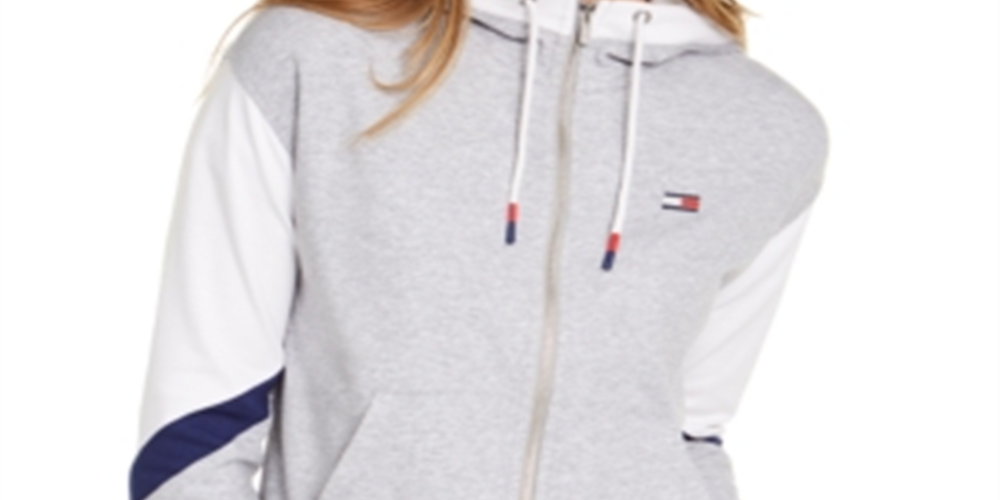 Tommy Hilfiger Blusa com capuz e zíper, manga comprida, colorida, tamanho P, feminina