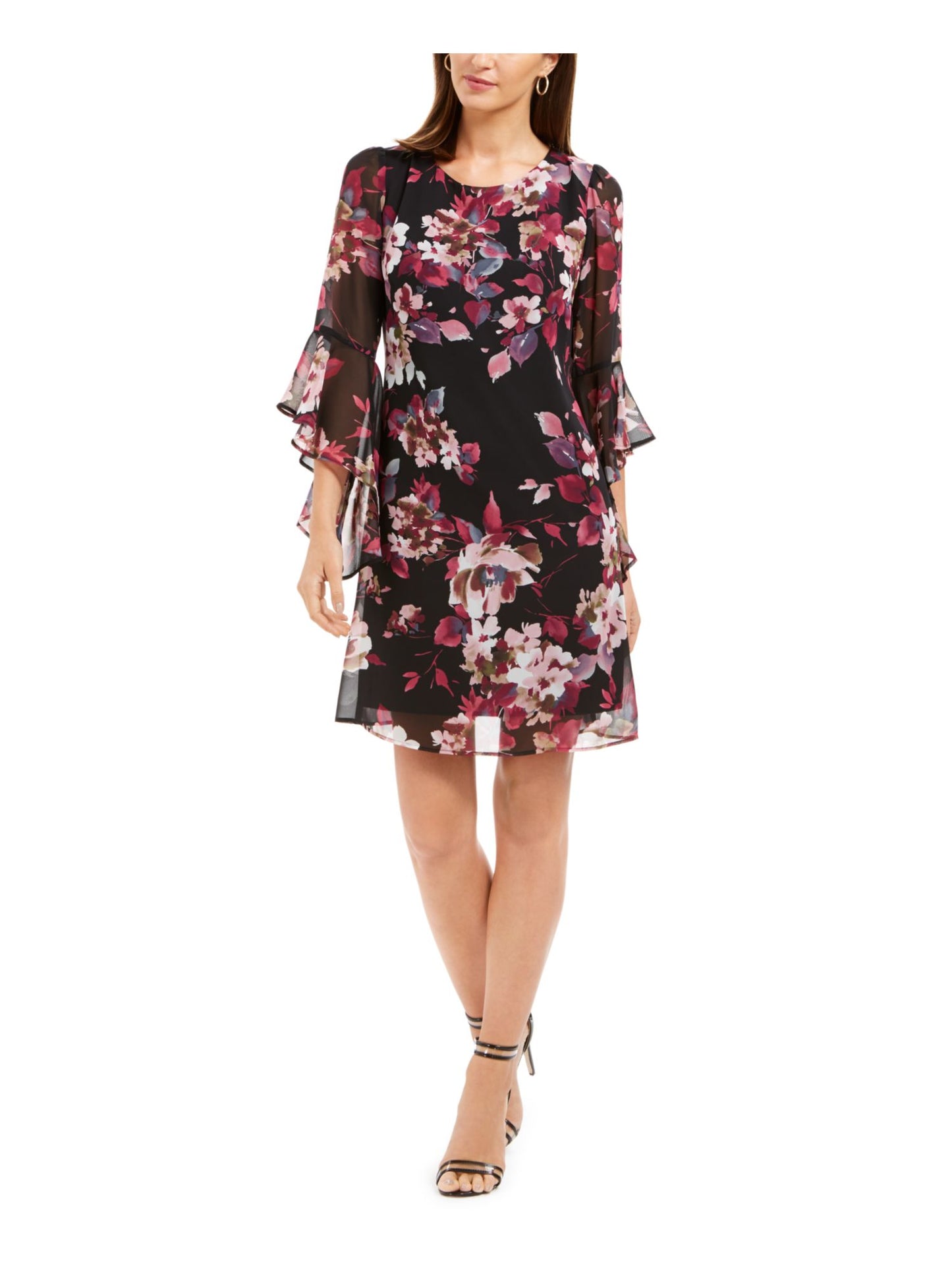 Vestido tubinho acima do joelho com decote em joia e manga sino floral feminino Connected Apparel, preto, tamanho 10