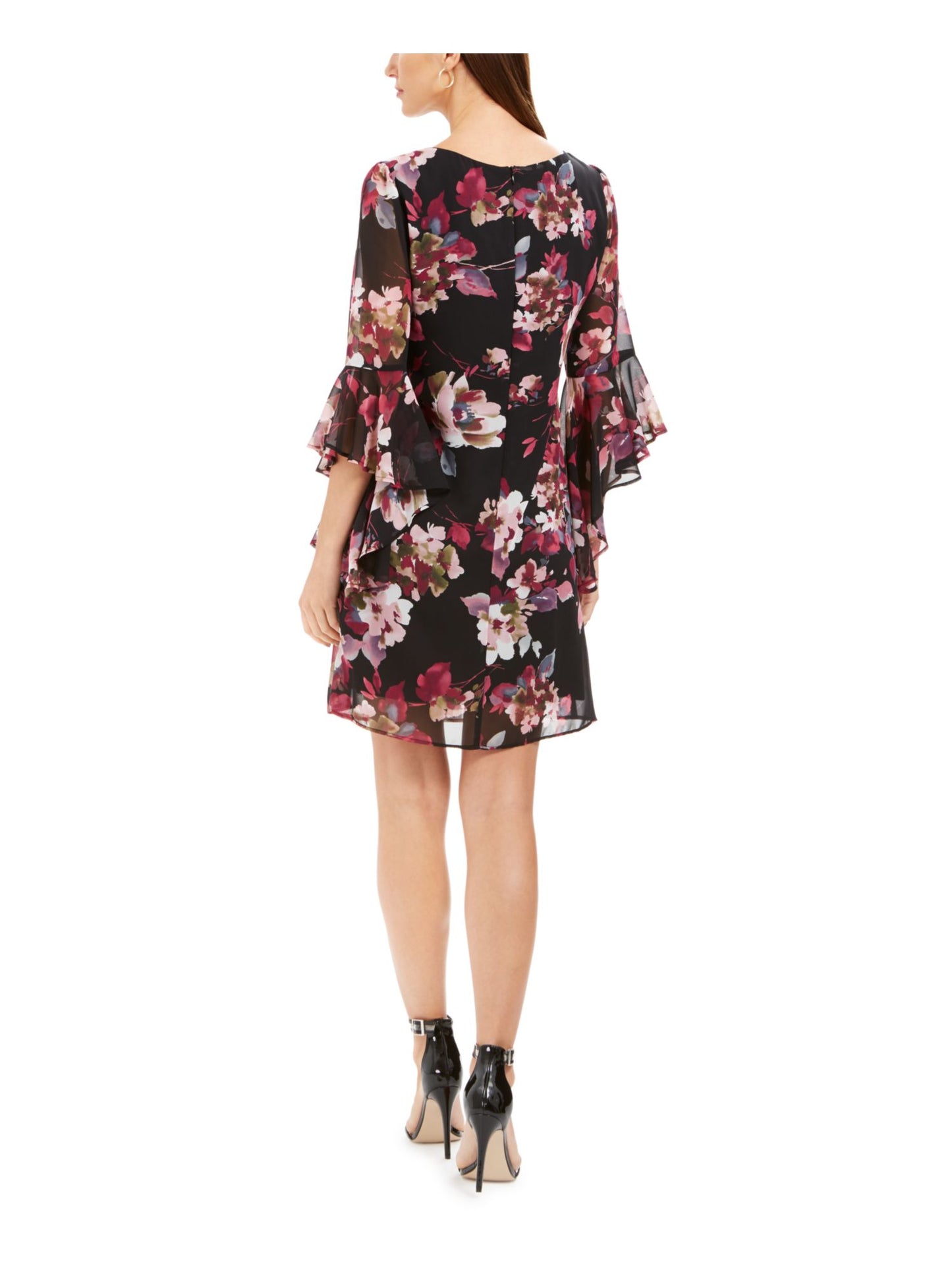 Vestido tubinho acima do joelho com decote em joia e manga sino floral feminino Connected Apparel, preto, tamanho 10